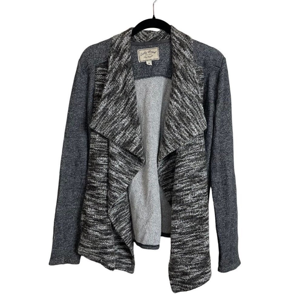 Lucky Brand Size M Open Front Knit Cardigan Gray Heather Mix Pattern Sweater